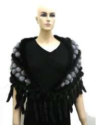 Mink Fur Pom Pom Cape with Tassel Black&Gray