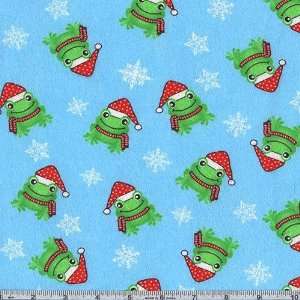  45 Wide Flannel Christmas Frogs Lt.Blue Fabric By The 