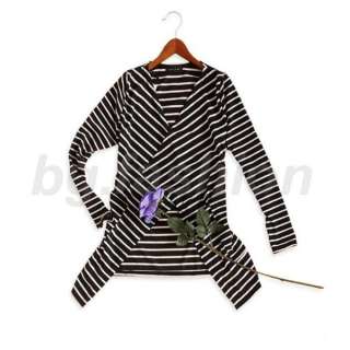   Front Long Sleeve Cardigan Tops Buttonless Stripe Coat Jackets  