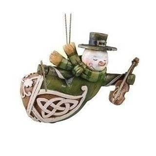 Woodcut Green Irish Snowman with Violin Christmas Ornament