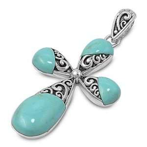    Sterling Silver Turquoise Curvy Cross Filigree Pendant Jewelry