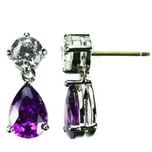   Drop Earrings, Amethyst Colored & Diamond Colored CZs, Post Jewelry