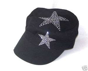 CRYSTAL STARS RHINESTONE CADET CASTRO FLAT TOP HAT CAP  