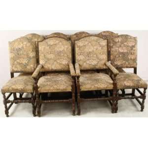   Rare Set 8 Vintage Spanish Tapestry Oak Dining Chairs