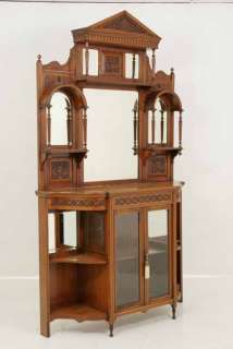 Antique English Victorian Walnut Curio, Display Mirrored Back Cabinet 