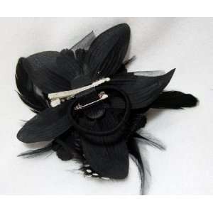 NEW Black Formal Flower with Feathers Hair Clip Pin and Band   3 in 1 
