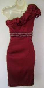 CHETTA B One Shoulder ruby red Stretch Satin beaded Cocktail Dress 10 