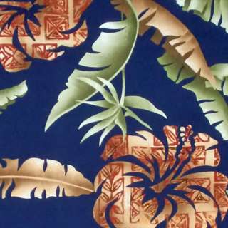 Hawaiian Print Fabric 100% Cotton 1/2 yard 44 wide HIBISCUS TAPA navy 