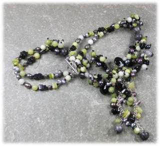 BUTTER OLIVE JADE QUARTZ ONYX CRYSTAL PEARLS NECKLACE  