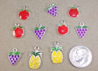 10 silver & enamel FRUIT charms apple grapes pineapple  