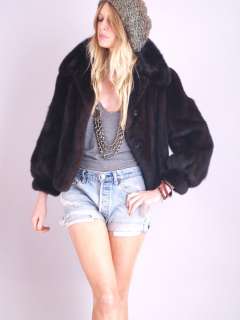Vtg 60s BLACK MINK SABLE Fur Mini Swing Giant COLLAR Dress Jacket 