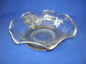 Ruffled edge bowl w/silver overlay, clear glass, plate  