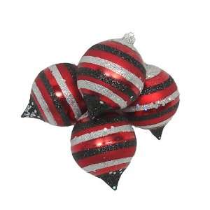  Set of 4 Red, Silver and Black Glitter Glass Onion Shaped 