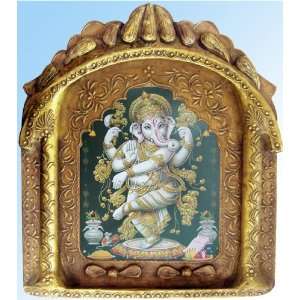 Lord Ganesha in dancing position poster painting in traditional wood 