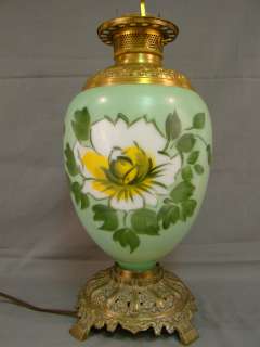 Vintage VICTORIAN Style JADITE GREEN Flower PAINTING Glass GWtW Oil 