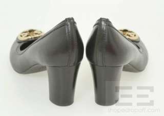   Black Veg Leather & Gold Medallion Selma Heels Size 8.5 M  