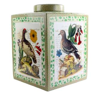   covered jar birds audubon hand screened painted porcelain  