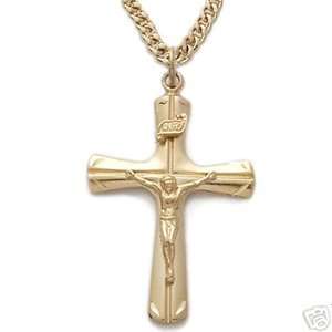    Large Mens Gold Over Sterling Silver Crucifix Necklace Jewelry