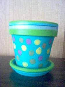 HAND PAINTED 4 inch CLAY FLOWER POT / PLANTER & SAUCER  