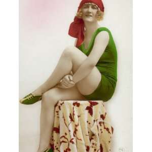  Girl in Green Bathing Costume and Red Head Scarf Poses on 