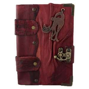  Scared Cat Sculpture on a Red Handmade Leather Bound 