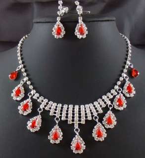 Wedding Bridal Ruby crystal necklace drop earring Sliver Jewelry set 