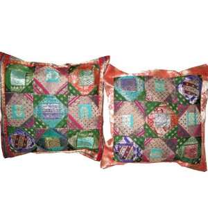  2 Green Orange Vintage Silk Sari Cushion Covers Zari Borders 