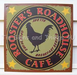 Rooster Roadhouse Cafe TIN SIGN vtg metal wall decor kitchen rustic 