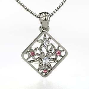 Pressed Flower Pendant, Platinum Necklace with Diamond & Rhodolite 