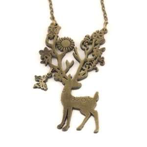  Necklace vintage brass pendant reindeer flower chain by 