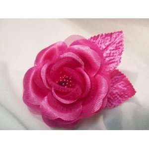  NEW Bright Pink Rose with Leaves Hair Clip, Limited 