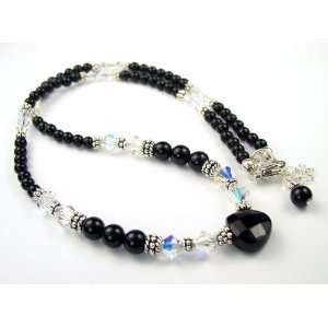  Onyx Beaded Gemstone Necklace w/ Crystals in .925 Sterling Silver 