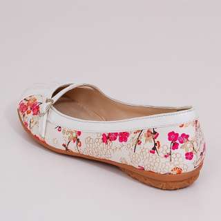 Womens Leather Ballet Flats Shoes Ballerina Floral Print Ankle Strap 