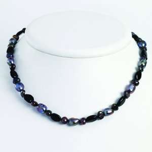  Sterling Silver Black Agate/Grey Cultured Pearl Necklace 