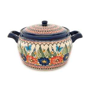  Polish Pottery Floral Butterfly Round Baker with Lid 