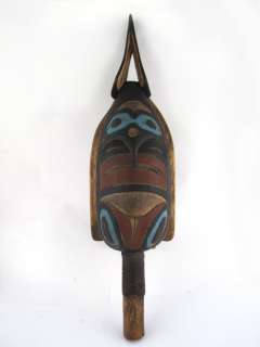   American Northwest Coast Indian Carved Wood MOP Figural Rattle  