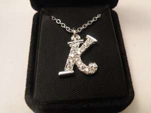 15 16 Silver Tone Chain Necklace & Inital K Rhinestone Pendant 