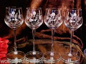 Vintage REALLY TALL CUT Crystal Wine Glasses FLOWERS & LEAVES 