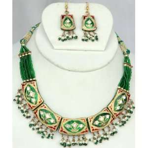 Green and Red Meenakari Necklace Set   Lacquer with Cut 
