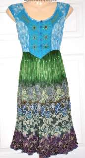 FORBIDDEN Boho Peasant DRESS Sleeveless recycled BLUE GREEN beaded NEW 