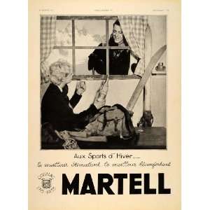  1935 French Ad Martell Cognac Winter Sports Skiers Skis 