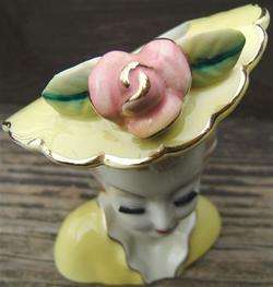   LADY HEADVASE PLANTER with PINK FLOWER GOLD TRIM Japan 1940s  