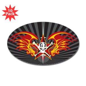  Sticker (Oval) (10 Pack) Star Skull Flaming Wings 