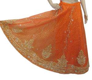  ORANGE ORGANZA SKIRT USED SEQUINS DECORATED LENGHA CRAFT FABRIC  