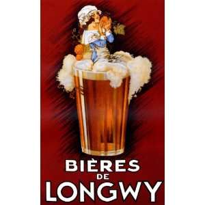GIRL ON A GLASS OF BEER BIERES DE LONGWY SMALL VINTAGE POSTER CANVAS 