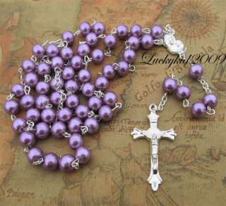 Rosario Jesus Cross Rosary Necklace purple Glass Round Bead chain 10 