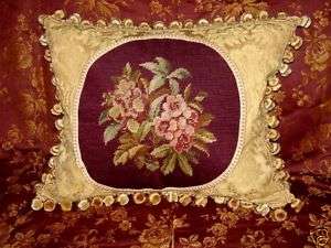 VINTAGE FLORAL WOOL NEEDLEPOINT PILLOW~VICTORIAN STYLE  