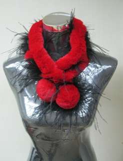 CUTE RED REX KNITTED SCARF TRIM WITH BLACK OSTRICH FEATHER  ST#K035 