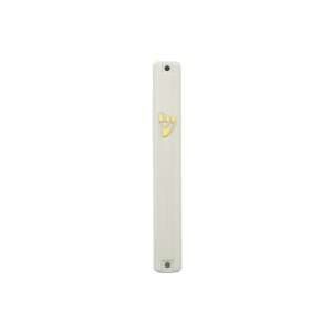  20cm Mezuzah with Rubber Plug and Gold Shin in White 