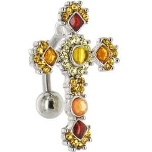  Top Mount Amber Brown Embellished Cross Belly Ring 